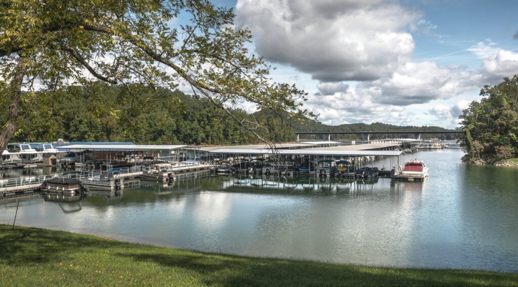 Bridge marina on norris lake with boats docked on cloudy day